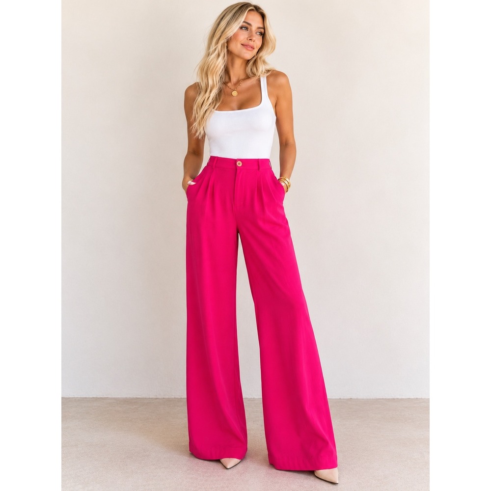 Love Tree Hot Pink Wide Leg Trousers High Waisted Pleated Pants Size M